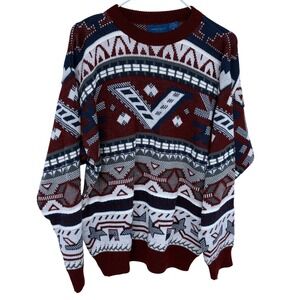 Vintage 90s Towncraft Geometric Pattern Crewneck Sweater Burgundy Blue White Men